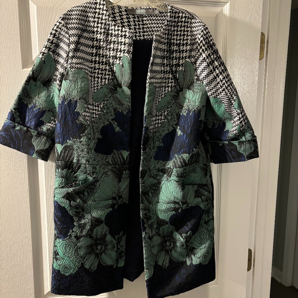 Eva Franco Anthropologie "Veronica Car Coat" Houndstooth and Floral Brocade - 4